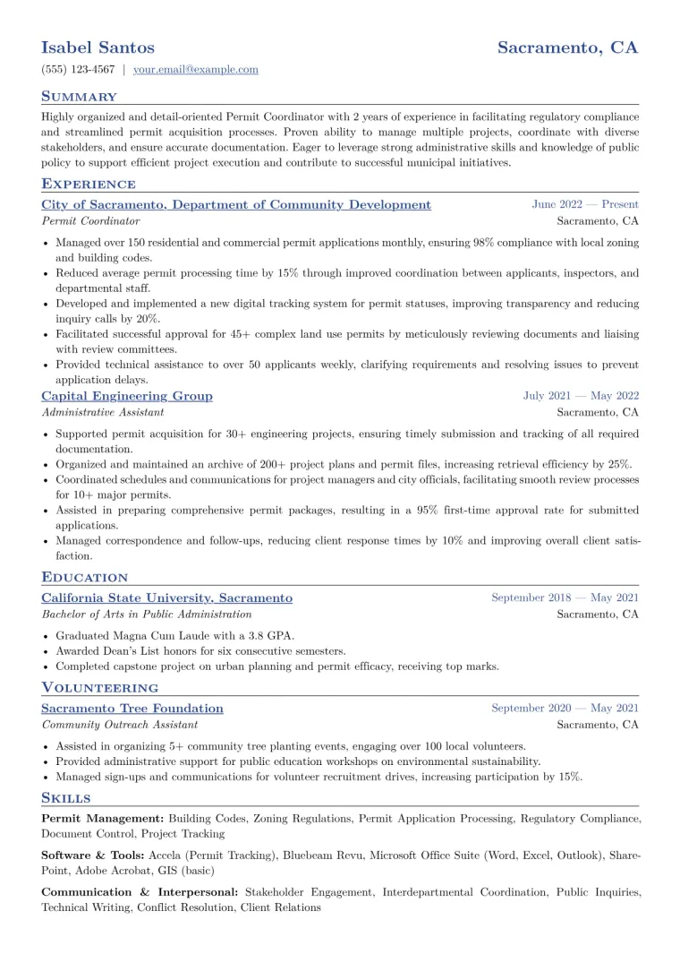 Permit Coordinator Resume Example CV template preview
