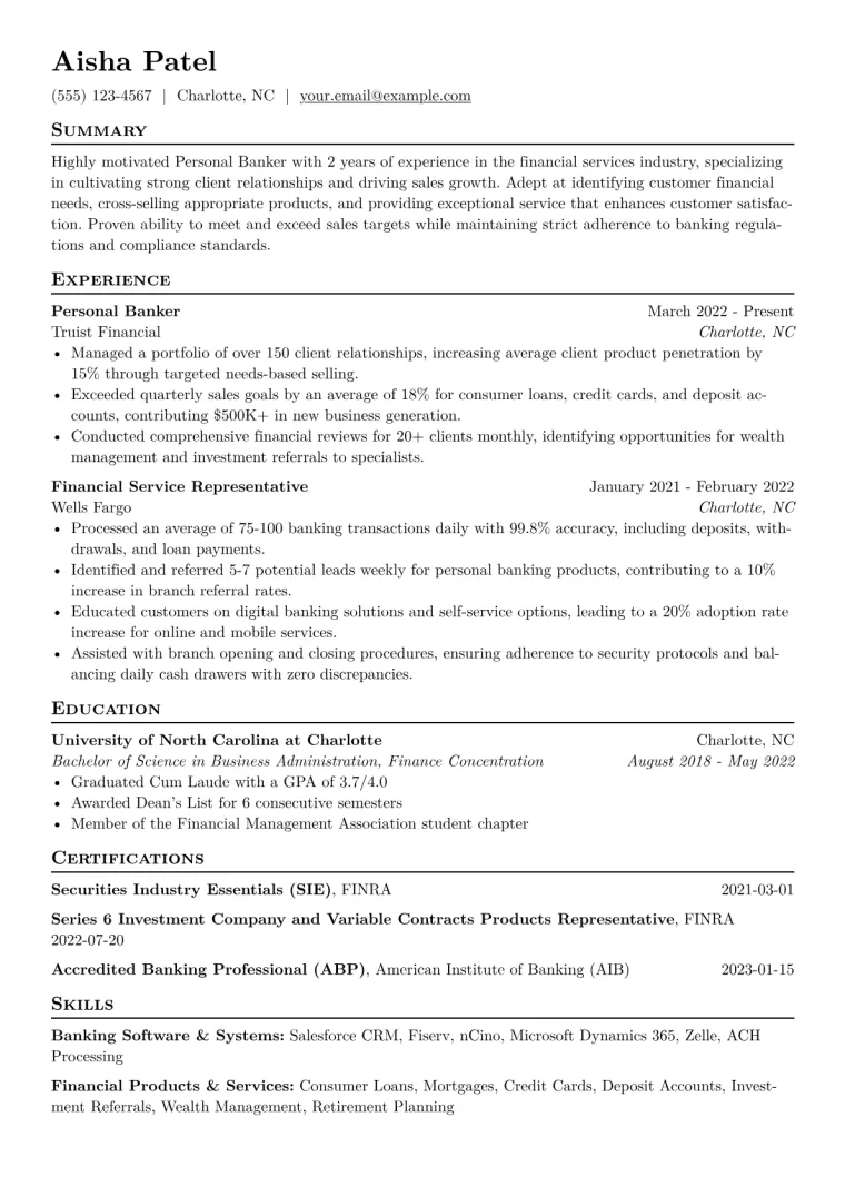 Personal Banker Resume Example CV template preview