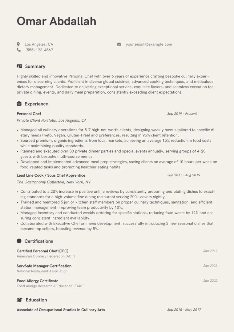Personal Chef Resume Example CV template preview