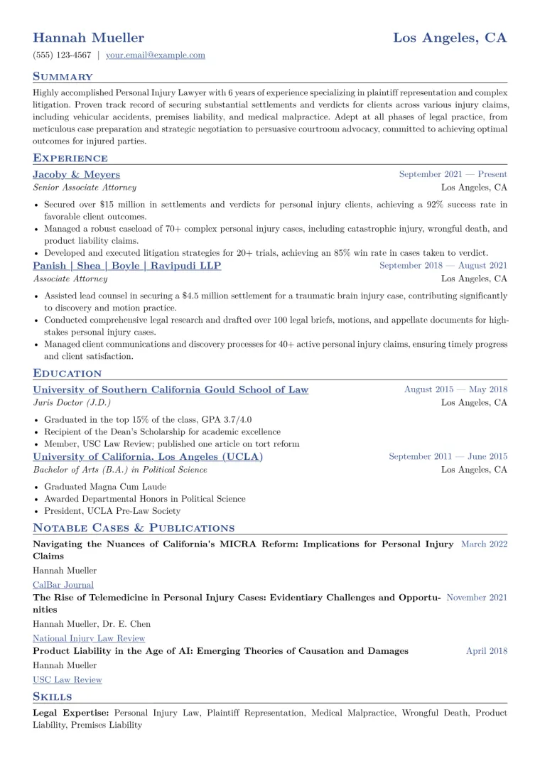 Personal Injury Lawyer Resume Example CV template preview