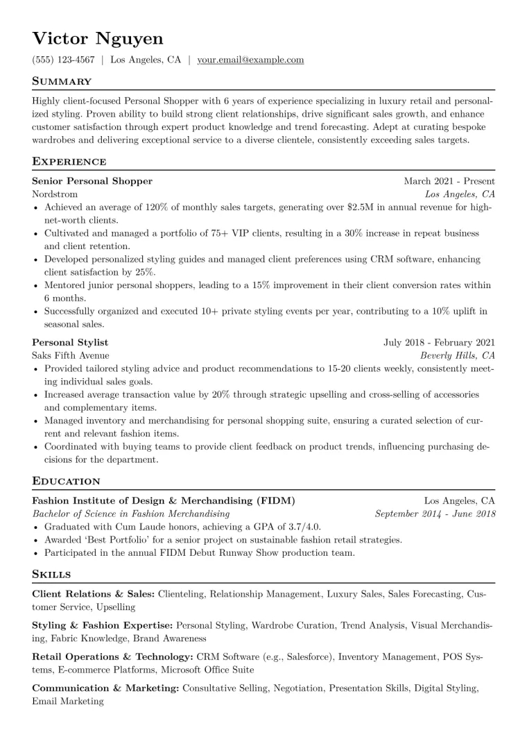 Personal Shopper Resume Example CV template preview