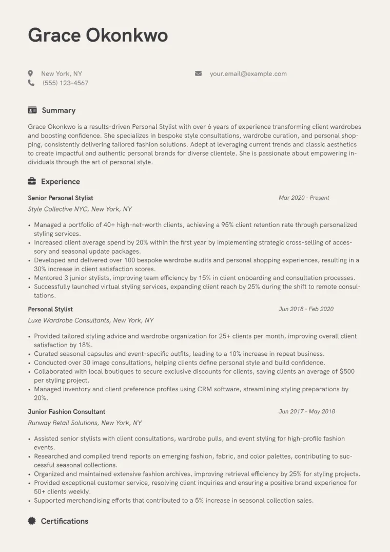 Personal Stylist Resume Example CV template preview