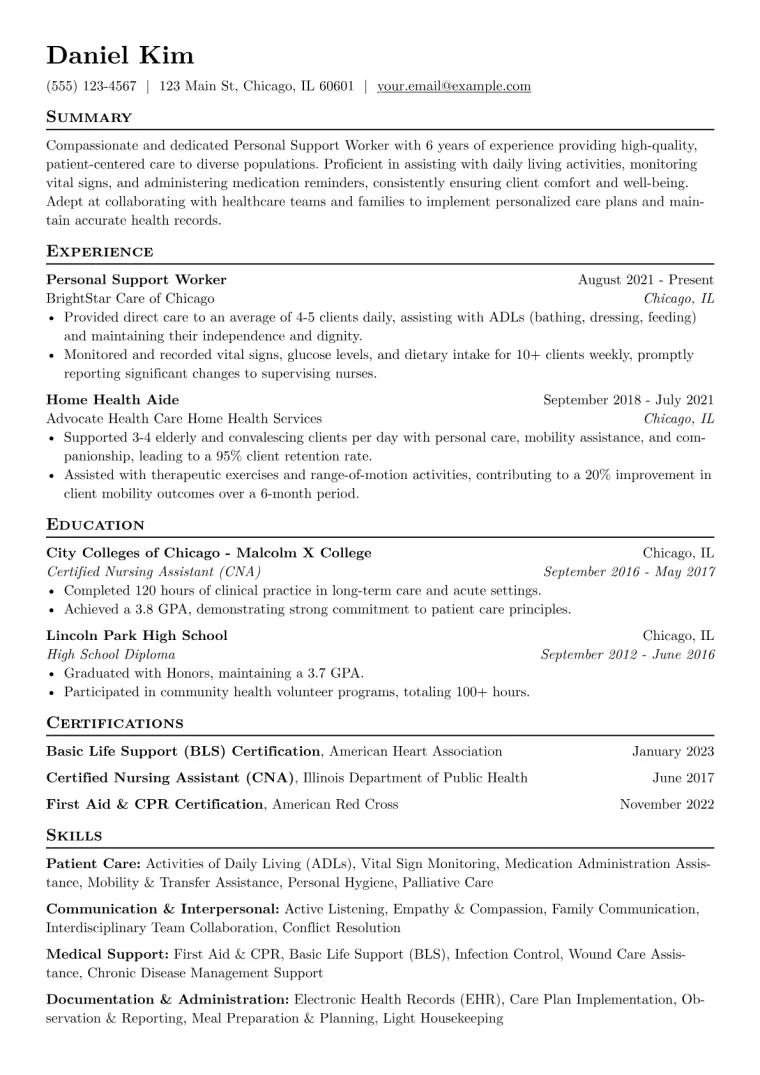 Personal Support Worker Resume Example CV template preview