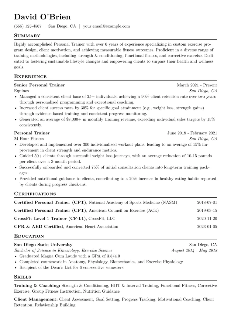 Personal Trainer Resume Example CV template preview