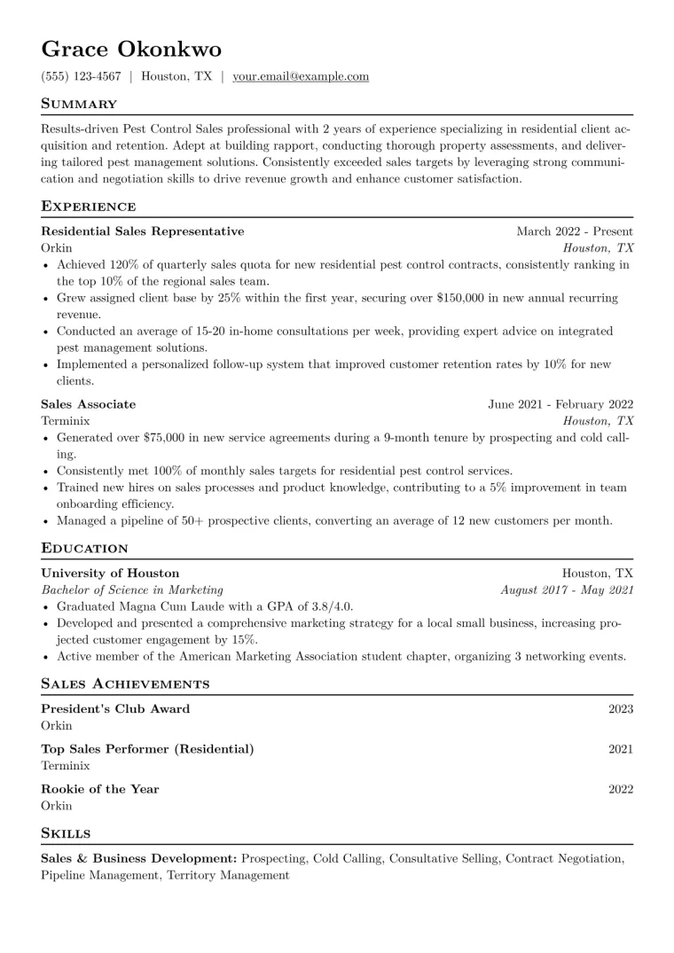 Pest Control Sales Resume Example CV template preview