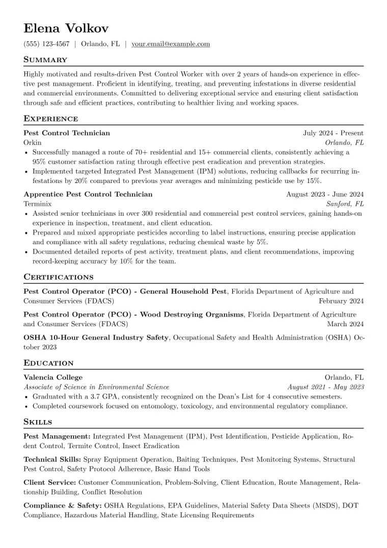Pest Control Worker Resume Example CV template preview