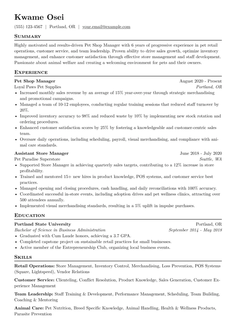 Pet Shop Manager Resume Example CV template preview