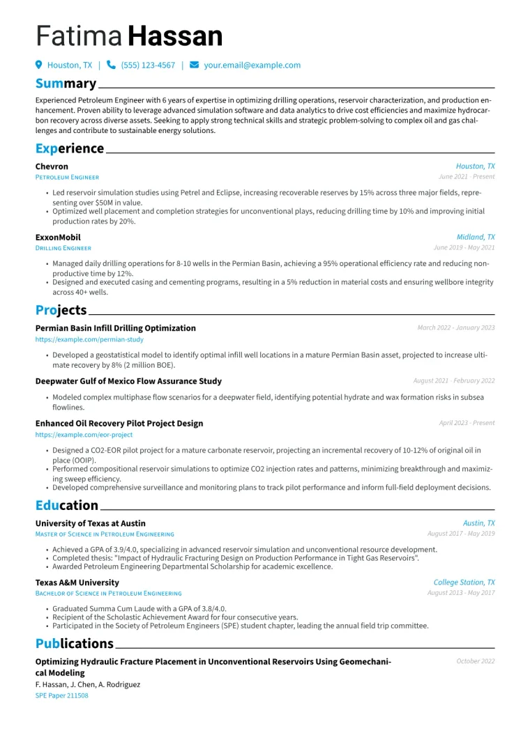 Petroleum Engineer Resume Example CV template preview