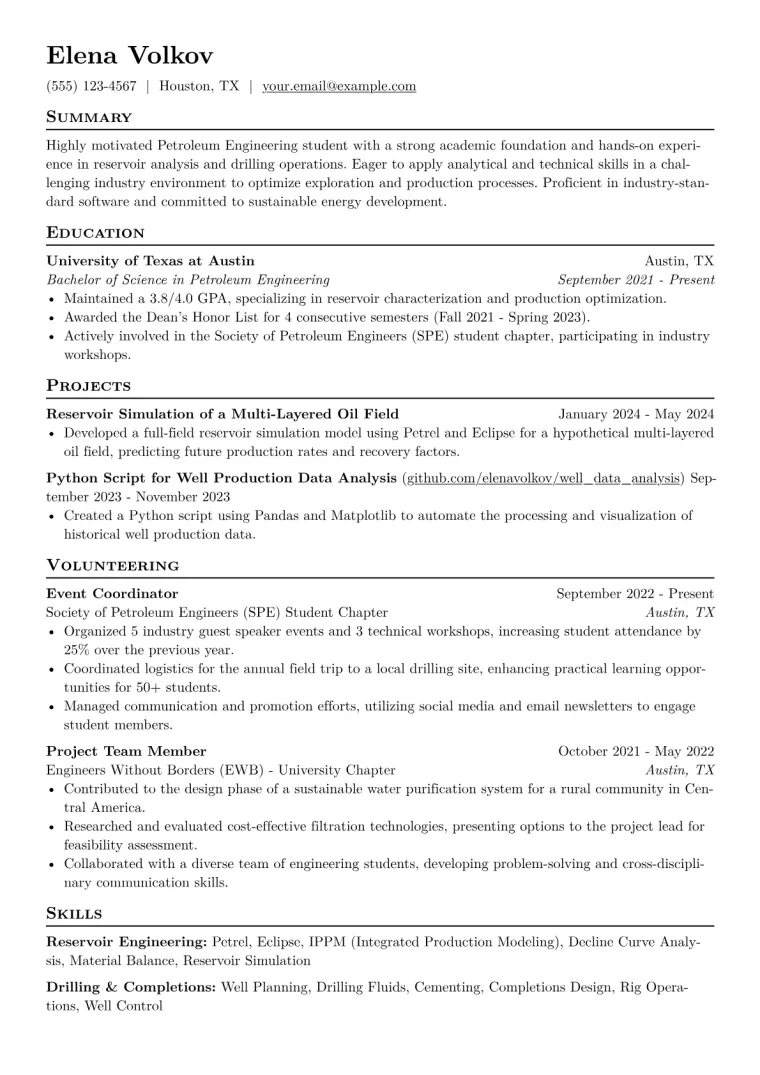 Petroleum Engineering Student Resume Example CV template preview