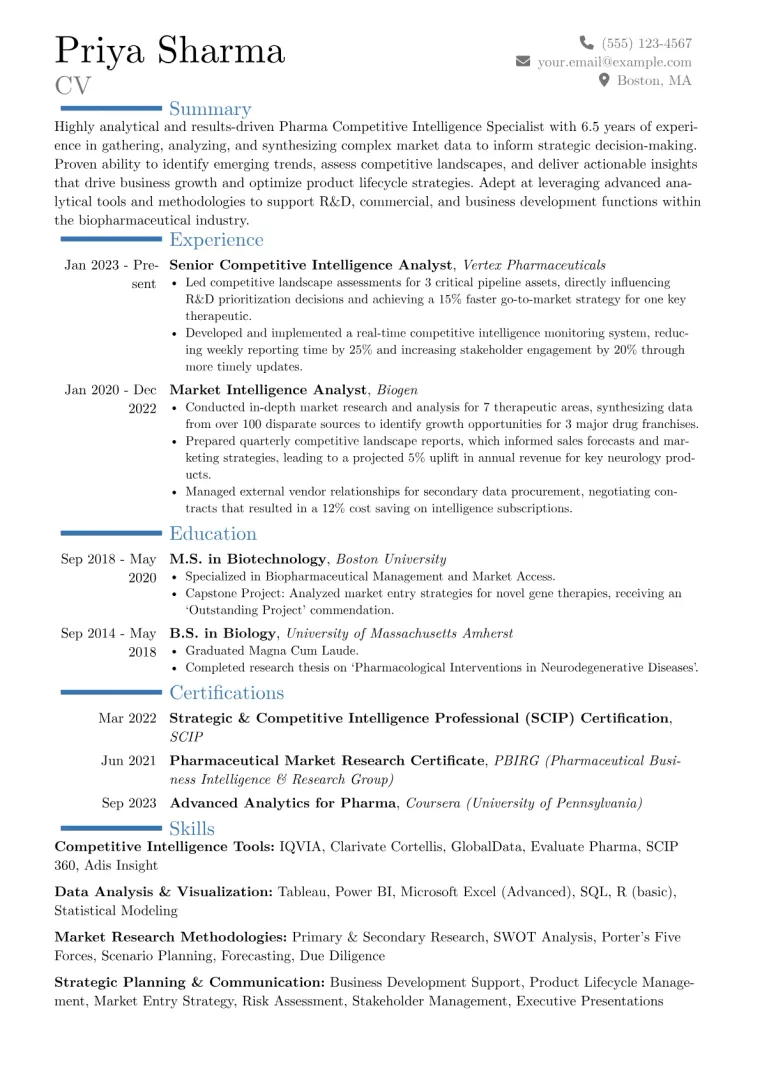 Pharma Competitive Intelligence Specialist Resume Example preview