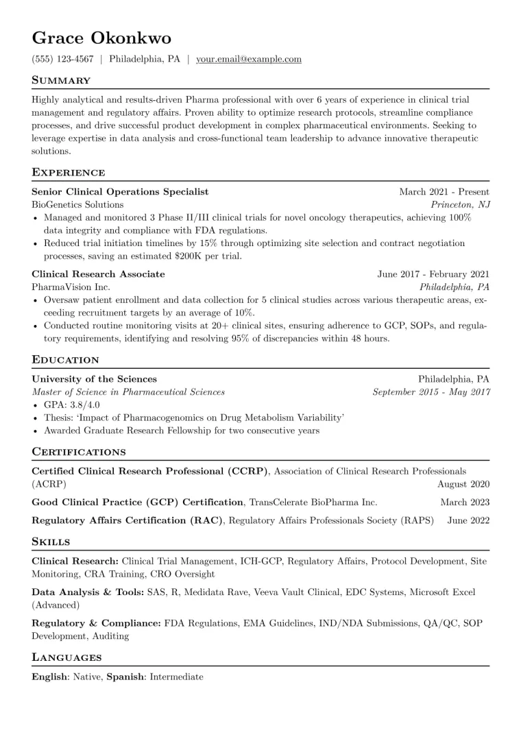 Pharma Resume Example CV template preview