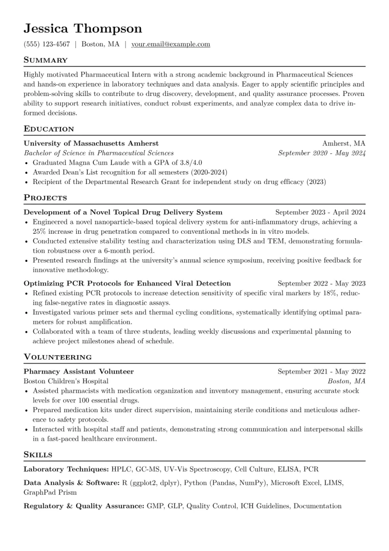 Pharmaceutical Intern Resume Example CV template preview