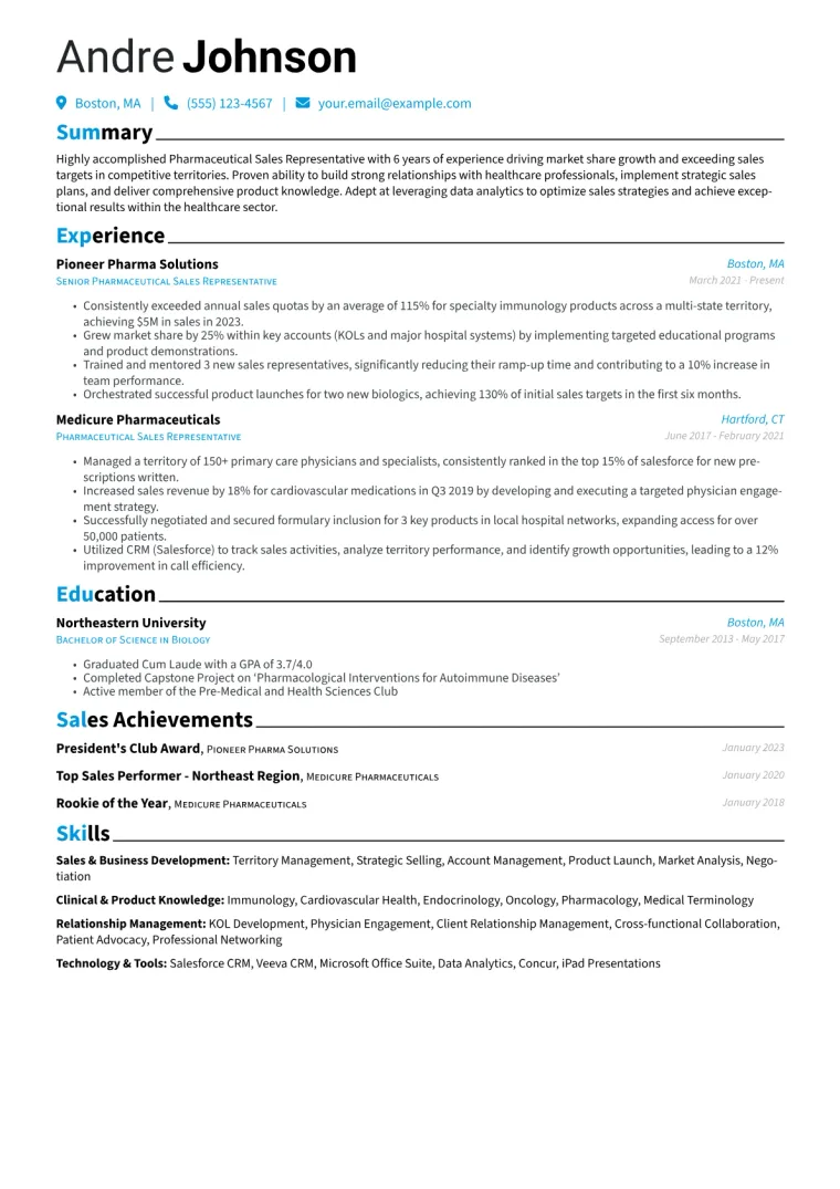 Pharmaceutical Sales Representative Resume Example CV template preview