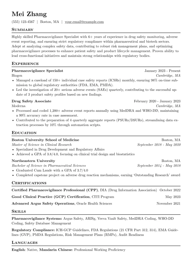 Pharmacovigilance Specialist Resume Example CV template preview