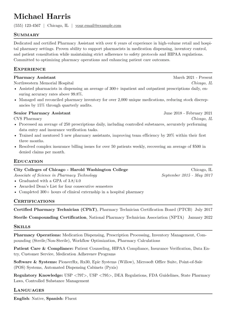 Pharmacy Assistant Resume Example CV template preview