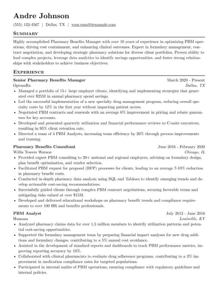Pharmacy Benefits Manager Resume Example CV template preview