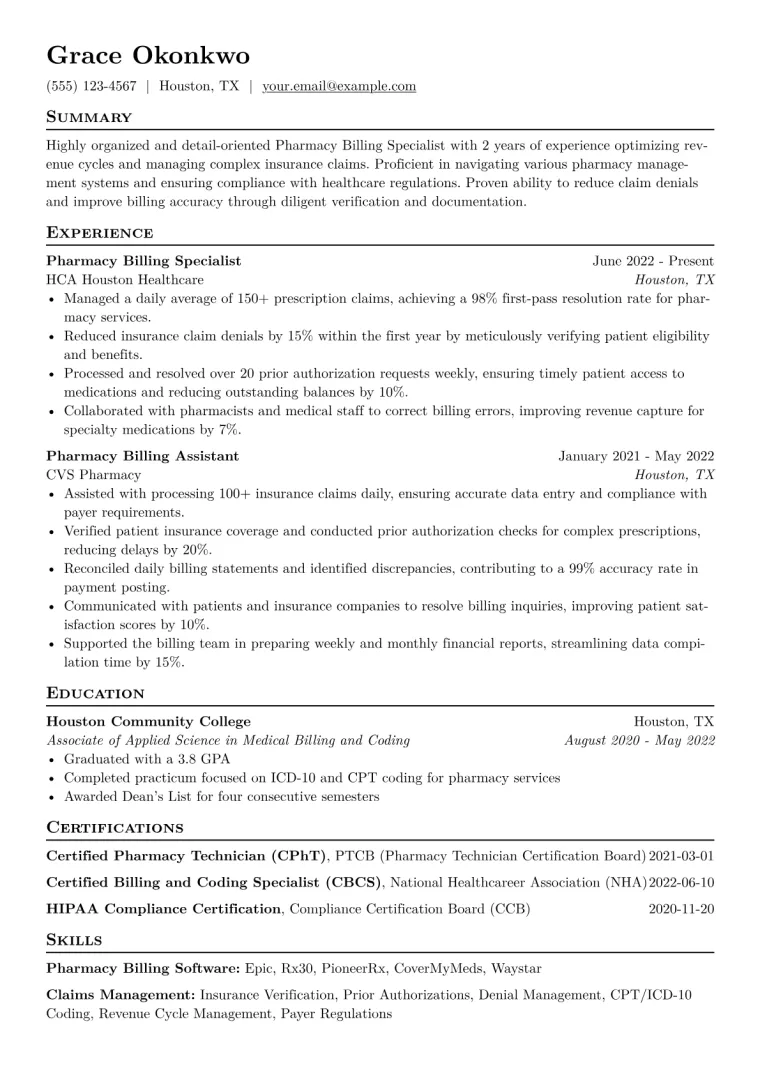 Pharmacy Billing Specialist Resume Example CV template preview