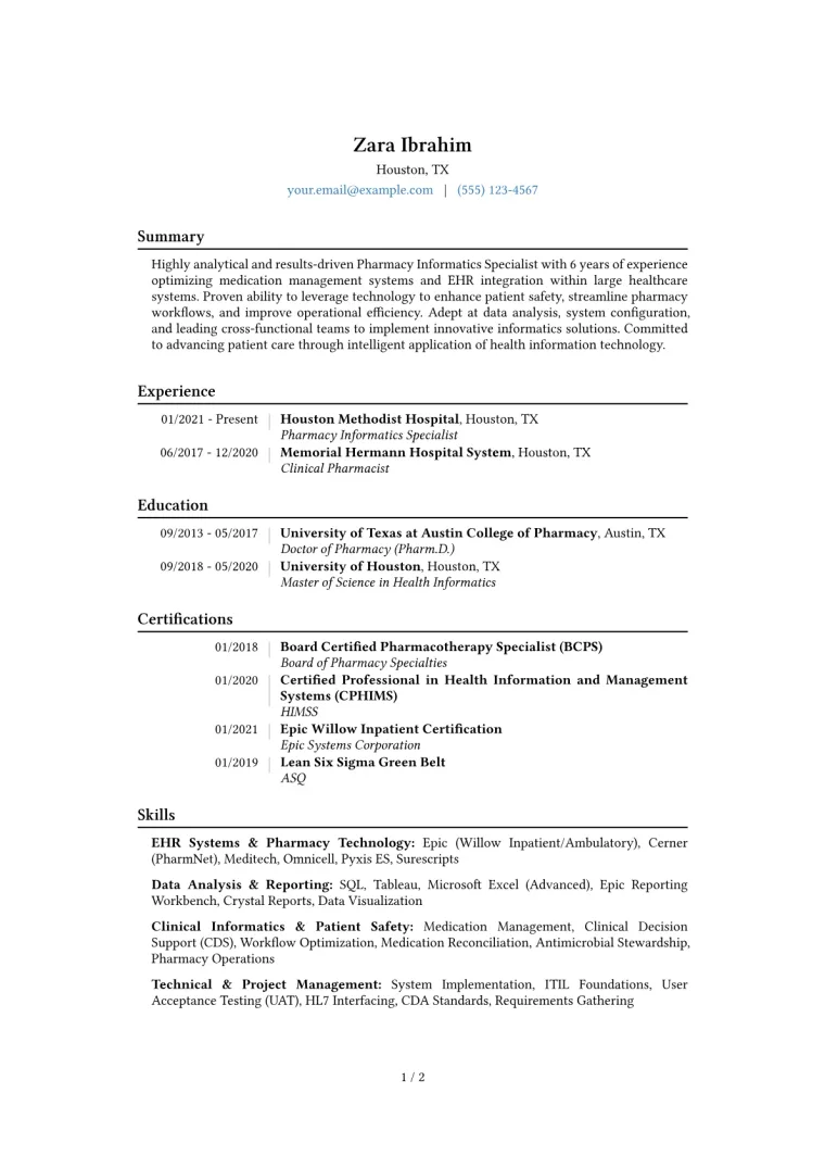 Pharmacy Informatics Specialist Resume Example CV template preview