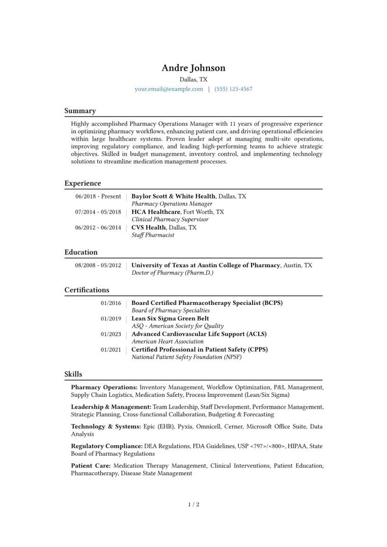 Pharmacy Operations Manager Resume Example CV template preview