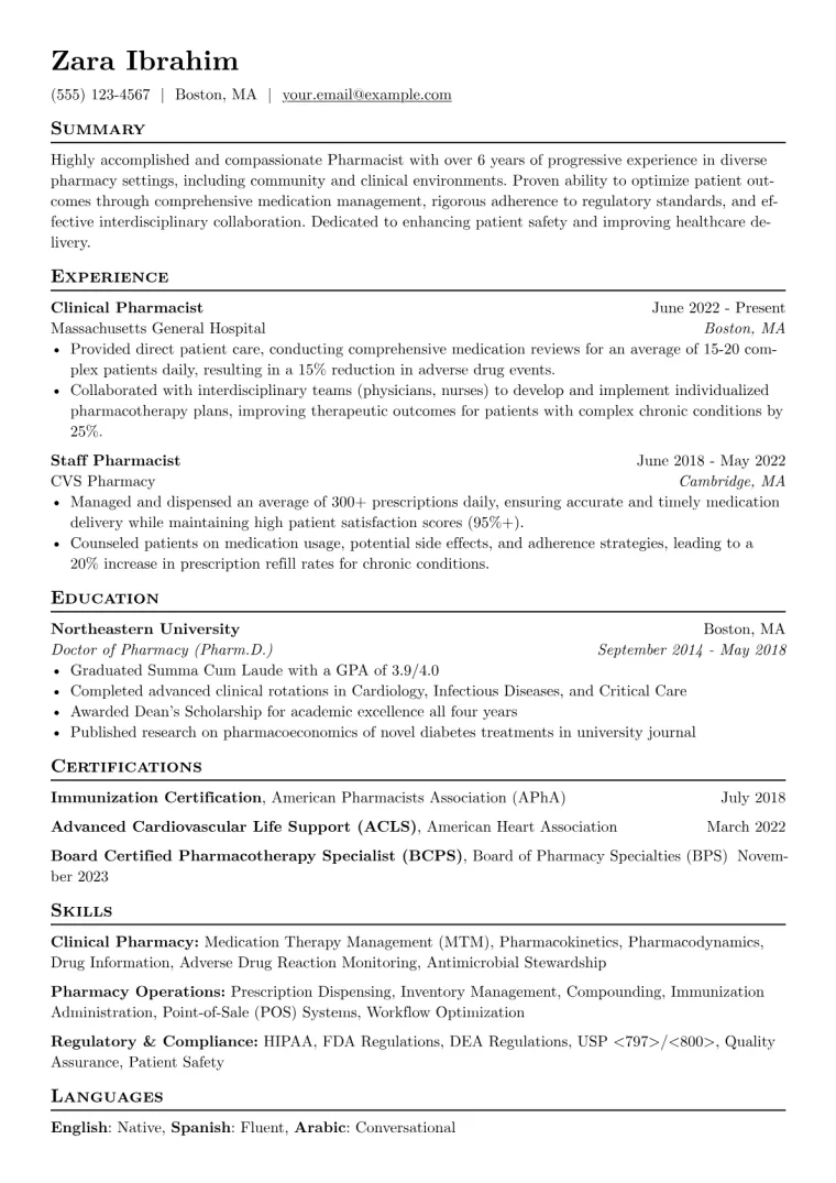Pharmacy Resume Example CV template preview
