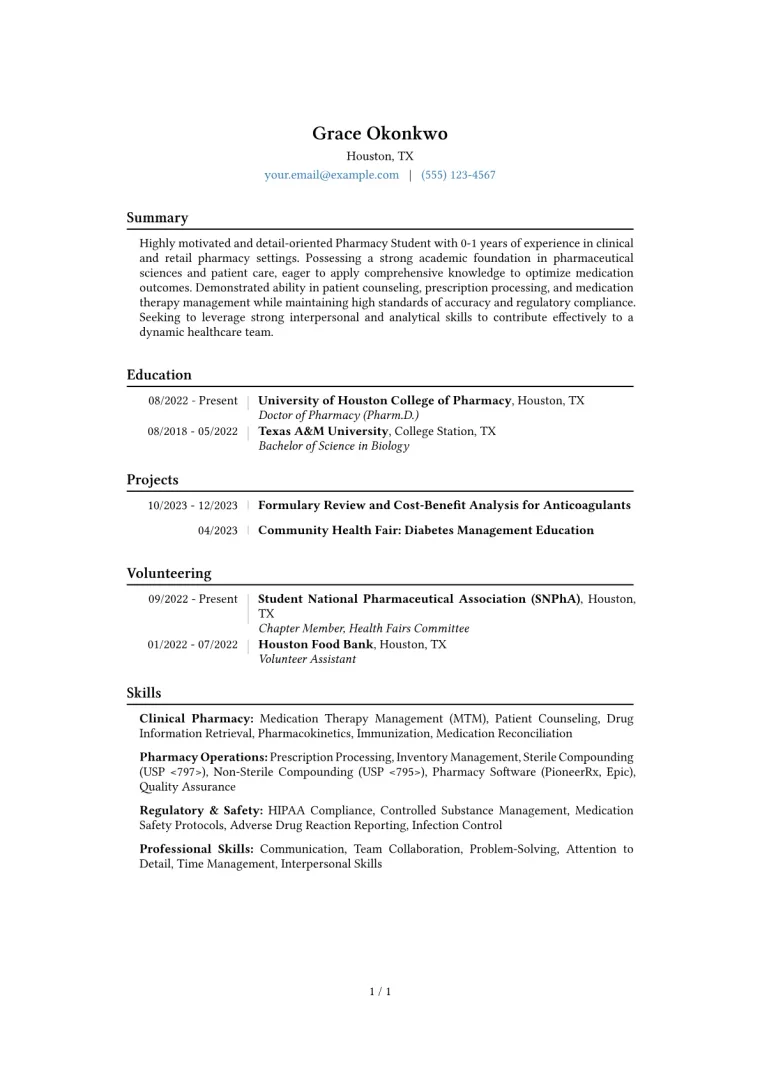 Pharmacy Student Resume Example CV template preview