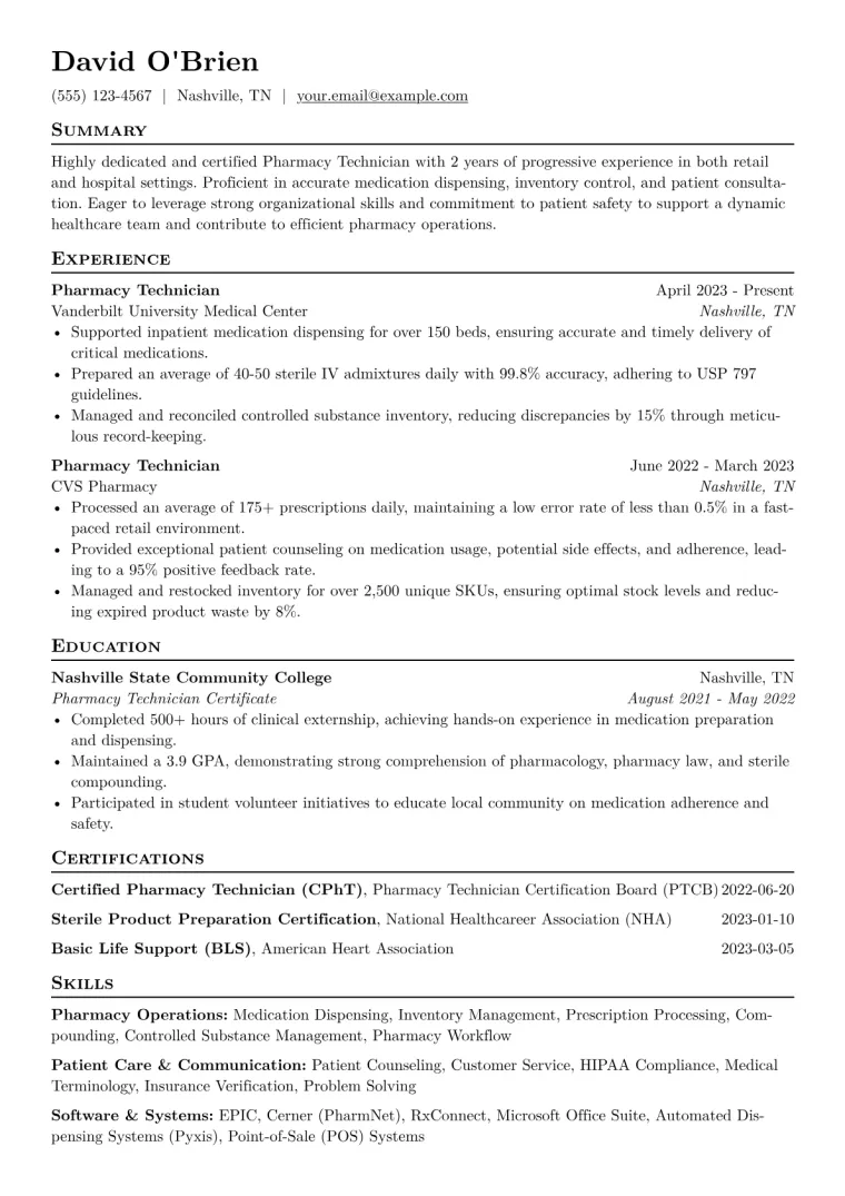 Pharmacy Technician Resume Example CV template preview