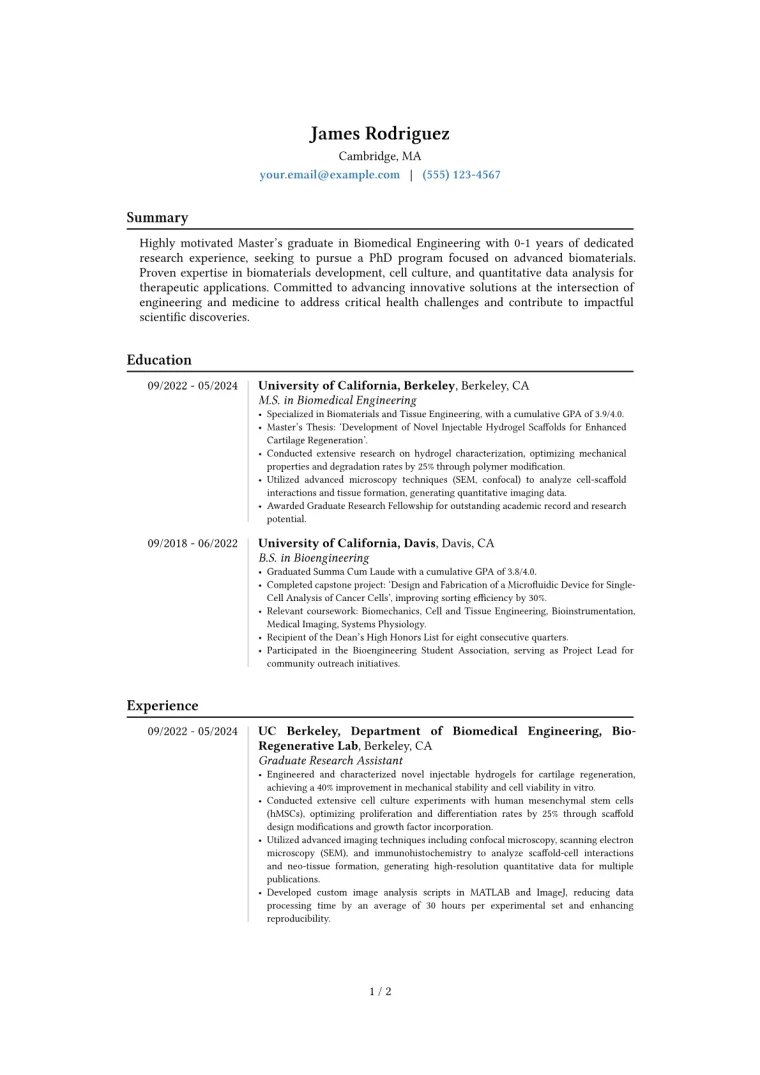 PhD Application Resume Example preview