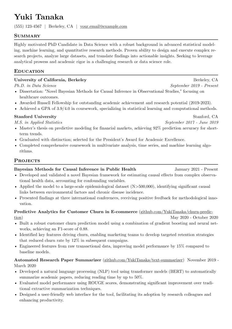 PhD Candidate Resume Example CV template preview