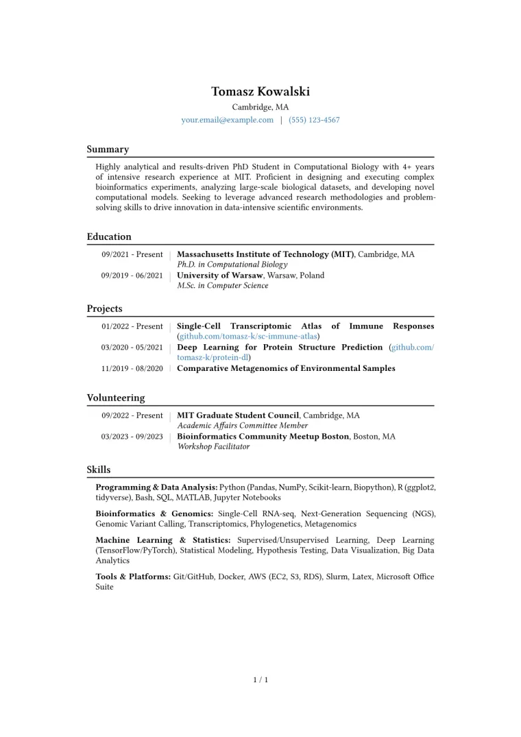 PhD Student Resume Example CV template preview