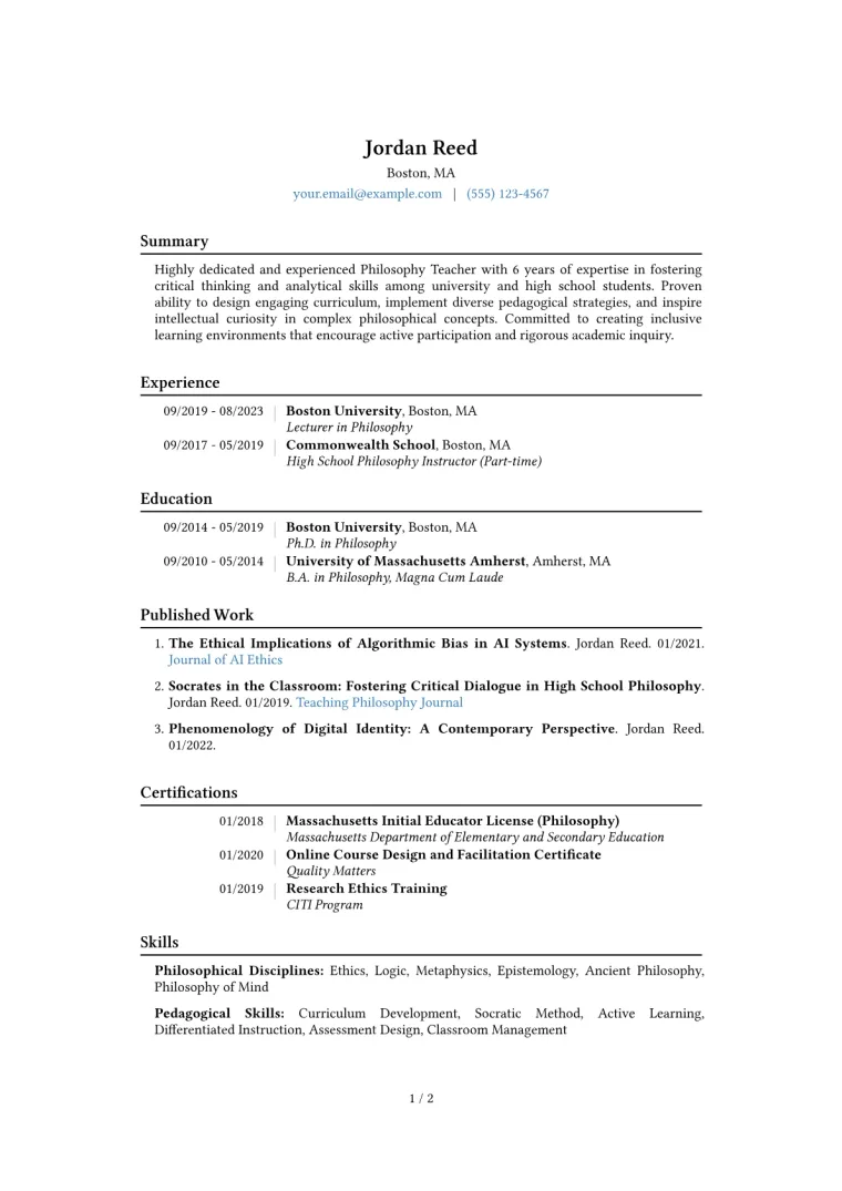 Philosophy Teacher Resume Example CV template preview