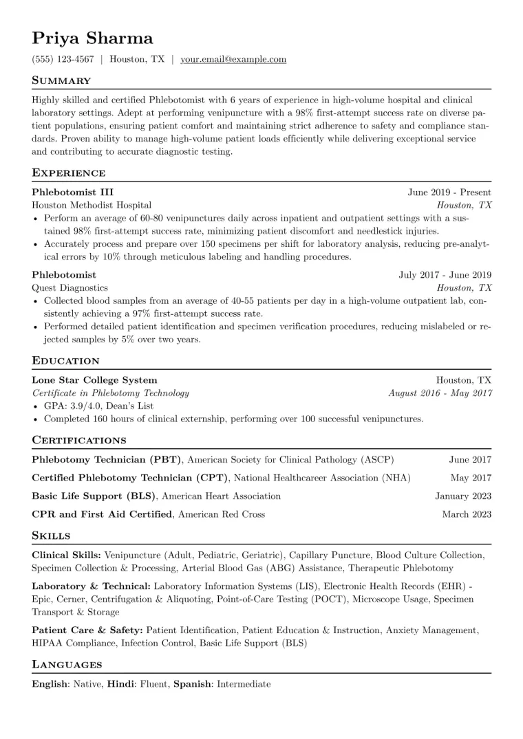 Phlebotomy Resume Example CV template preview
