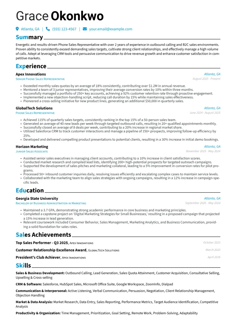 Phone Sales Representative Resume Example CV template preview