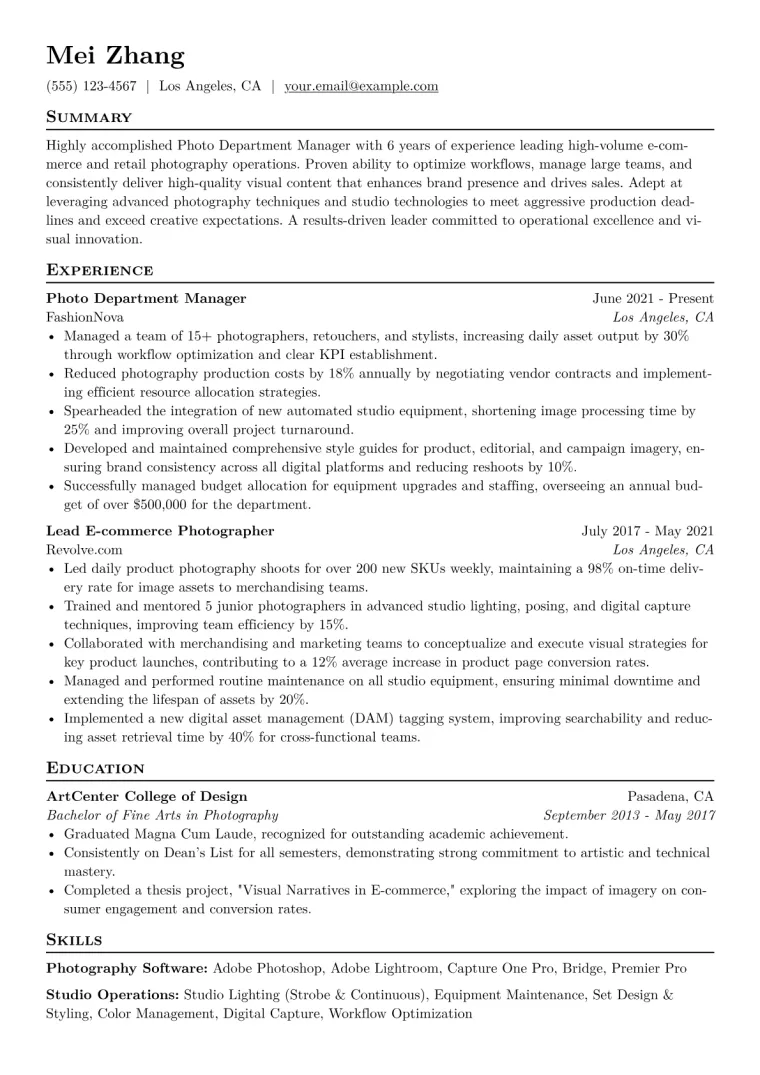 Photo Department Manager Resume Example CV template preview