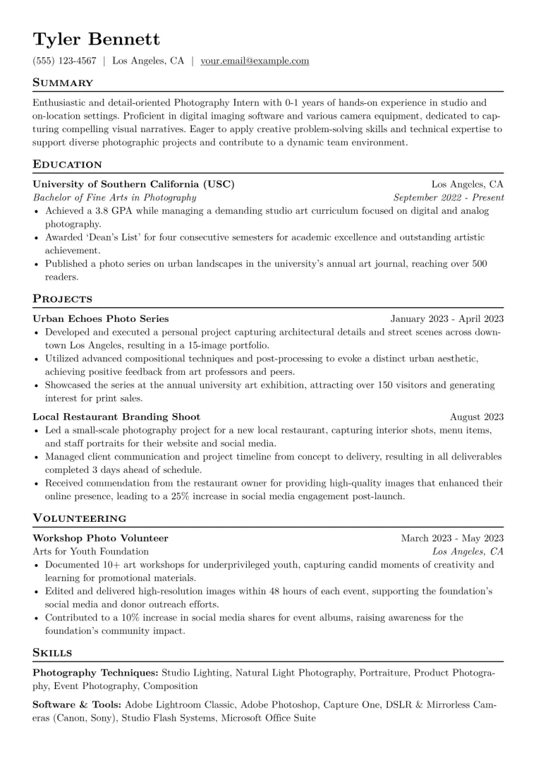 Photography Intern Resume Example CV template preview