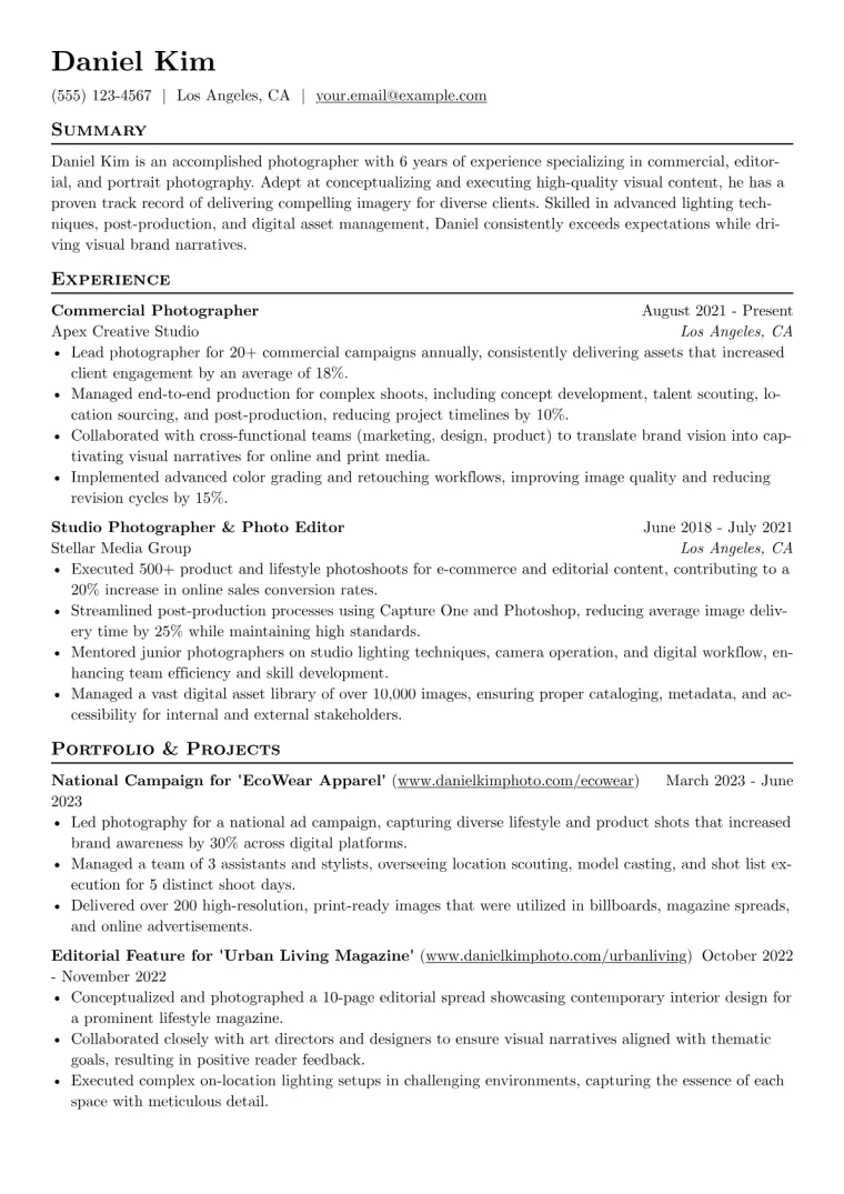 Photography Resume Example CV template preview