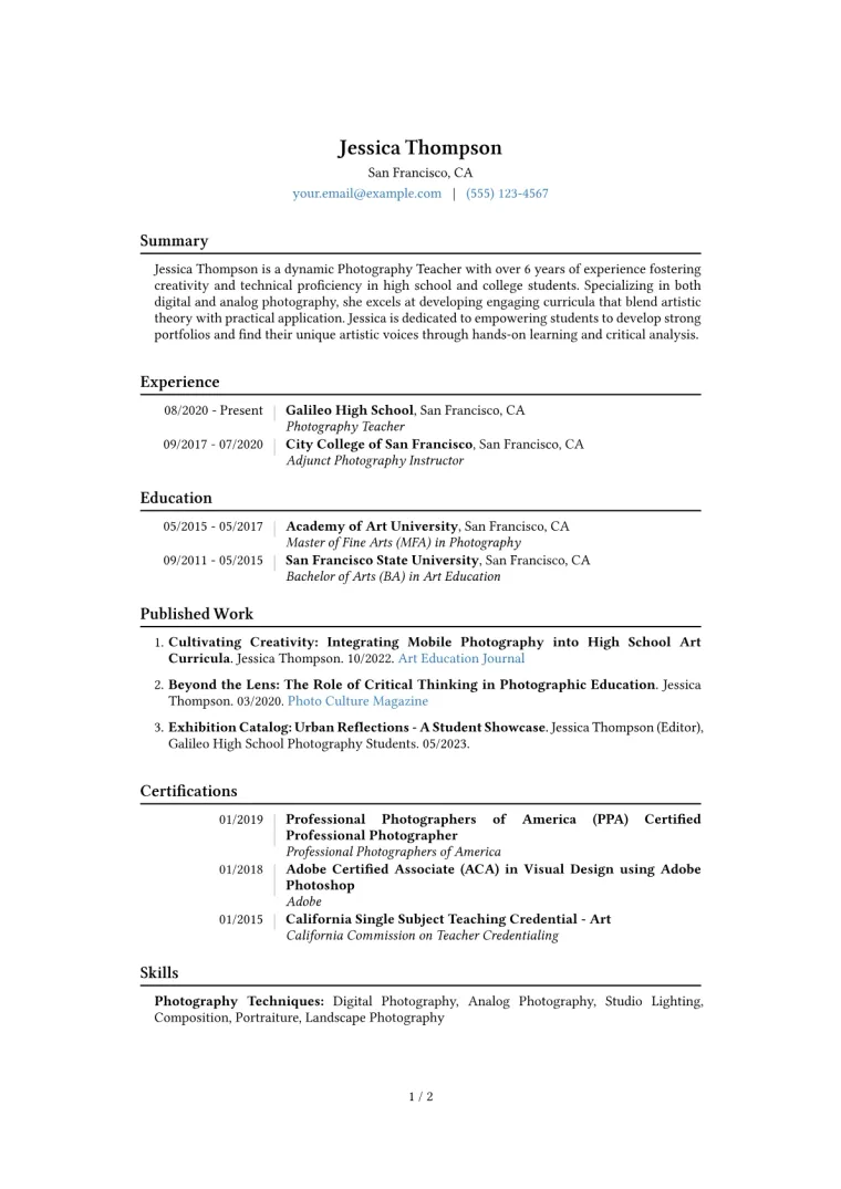 Photography Teacher Resume Example CV template preview