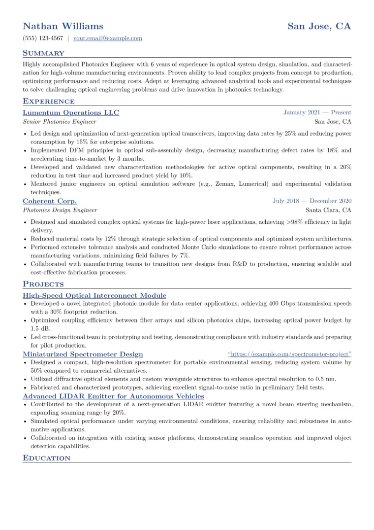 Photonics Engineer Resume Example CV template preview