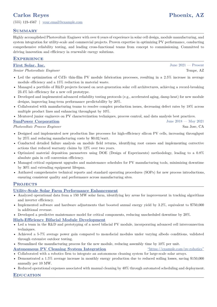 Photovoltaic Engineer Resume Example CV template preview
