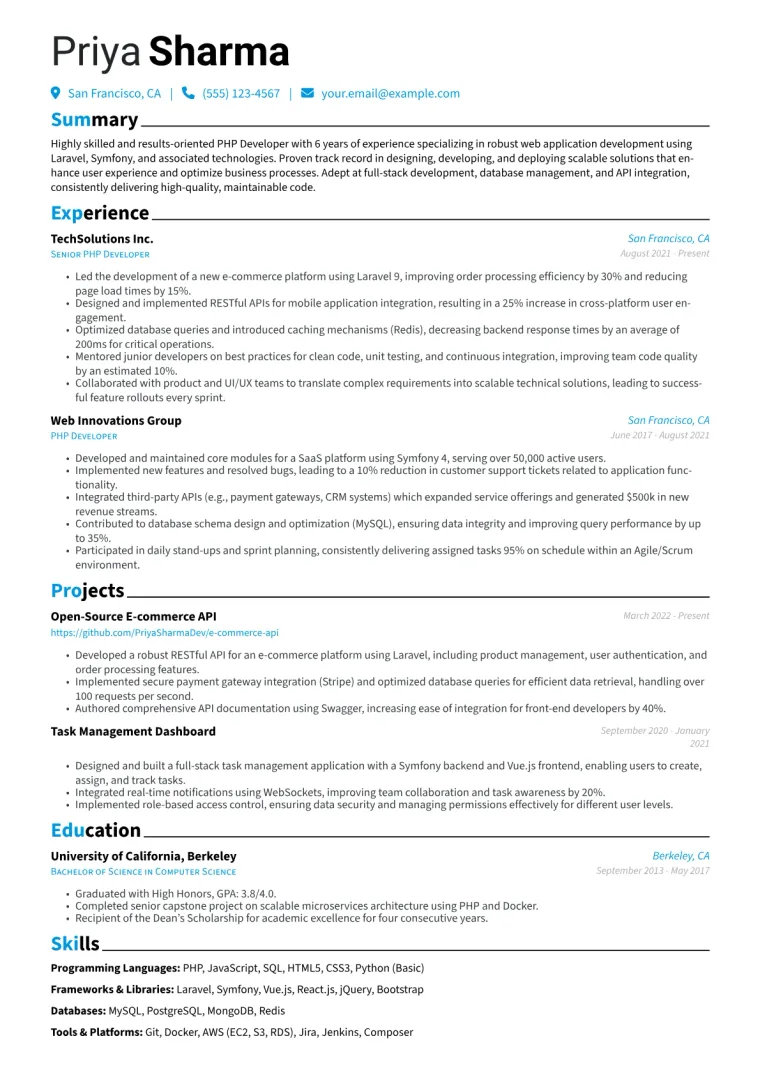 PHP Developer Resume Example CV template preview