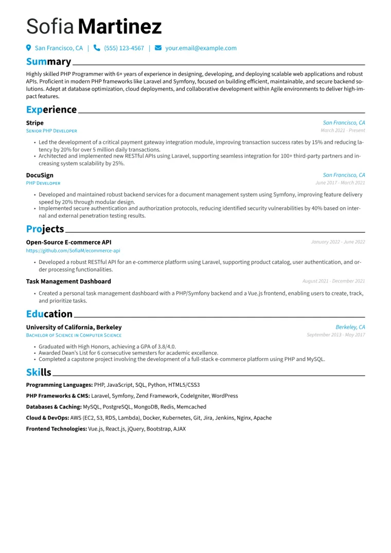 PHP Programmer Resume Example CV template preview