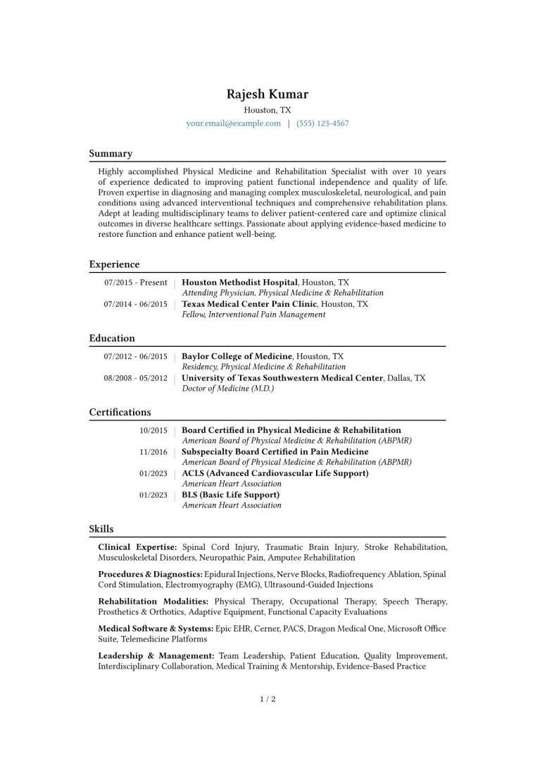 Physical Medicine Specialist Resume Example CV template preview
