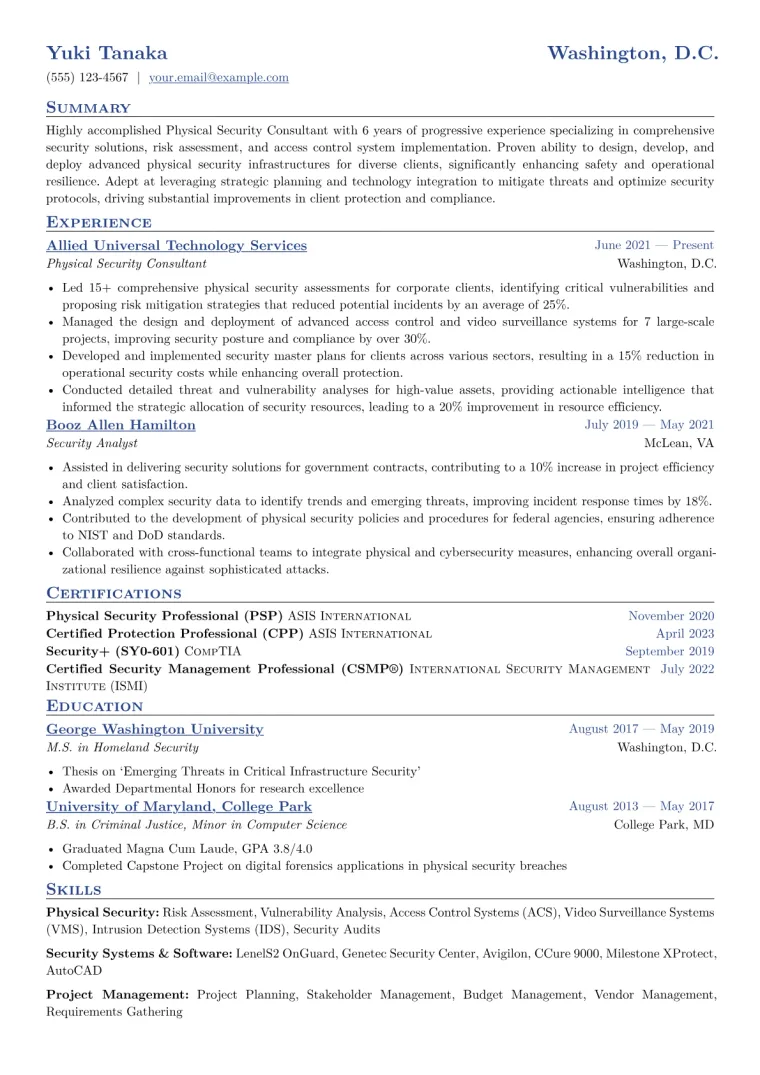 Physical Security Consultant Resume Example CV template preview