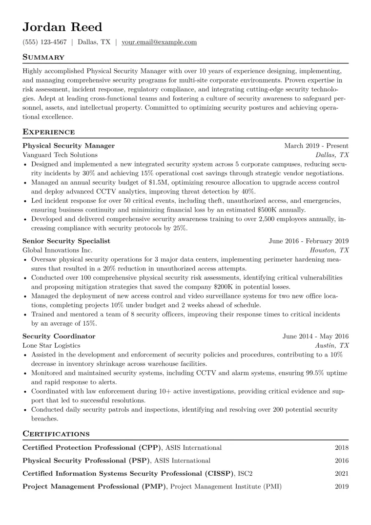 Physical Security Manager Resume Example CV template preview