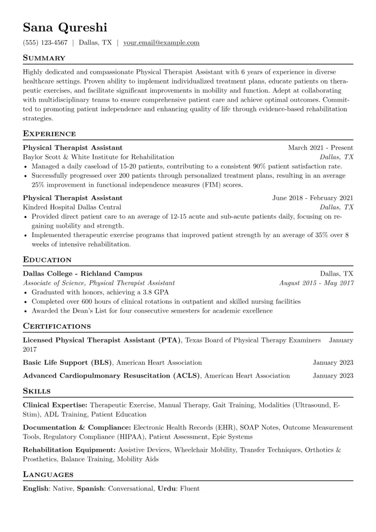Physical Therapist Assistant Resume Example CV template preview