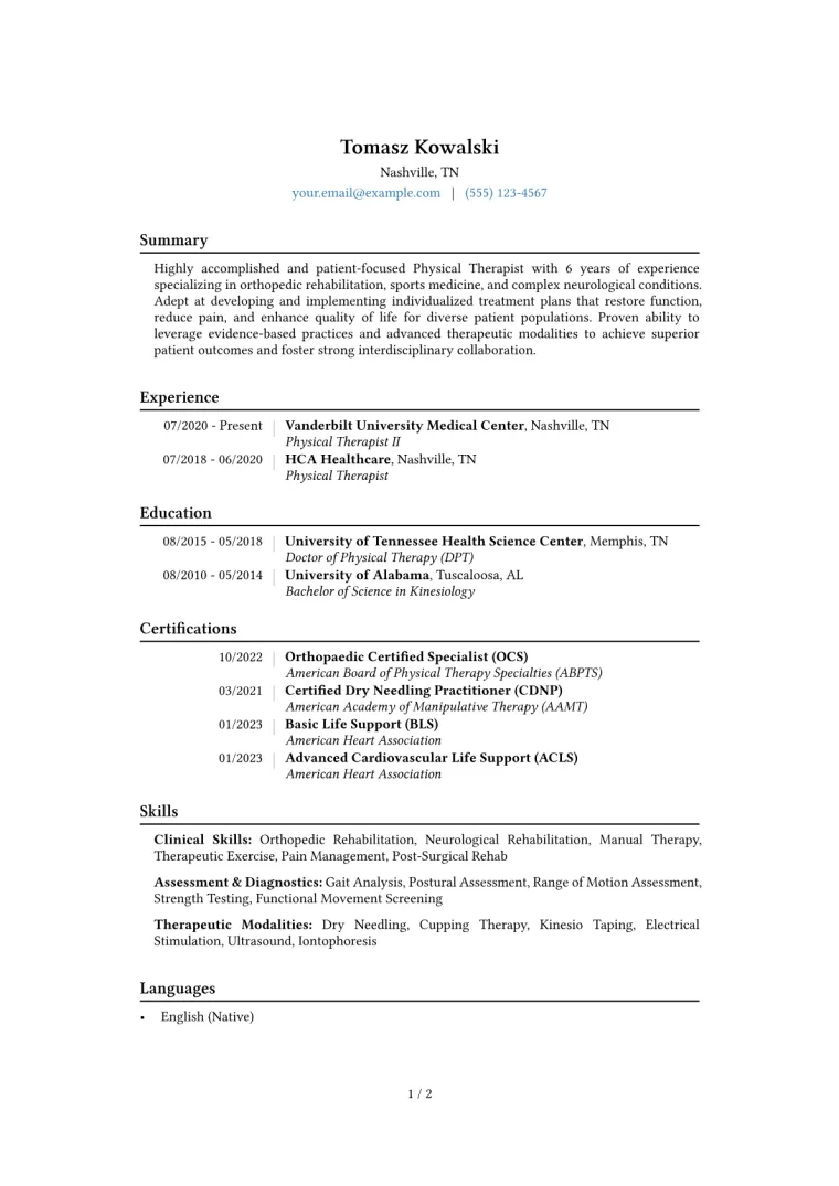 Physical Therapist Resume Example CV template preview