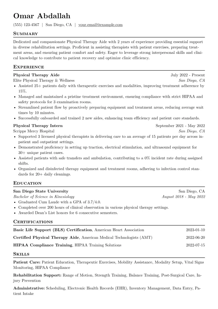 Physical Therapy Aide Resume Example CV template preview