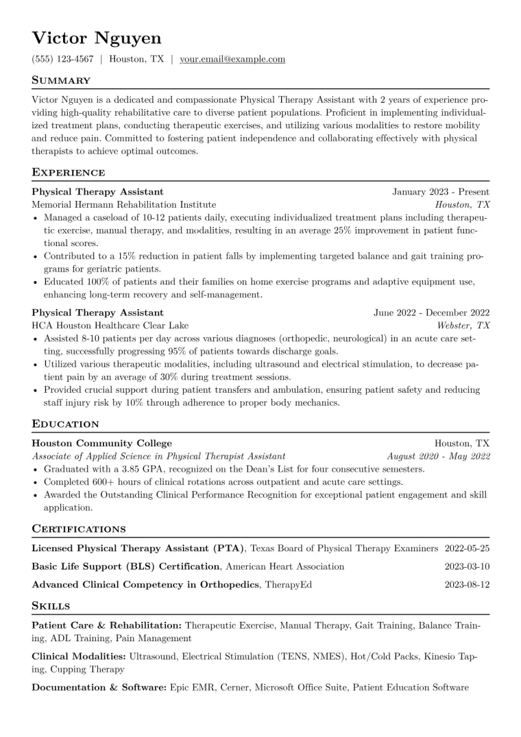 Physical Therapy Assistant Resume Example CV template preview
