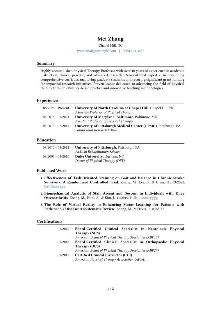 Physical Therapy Professor Resume Example CV template preview