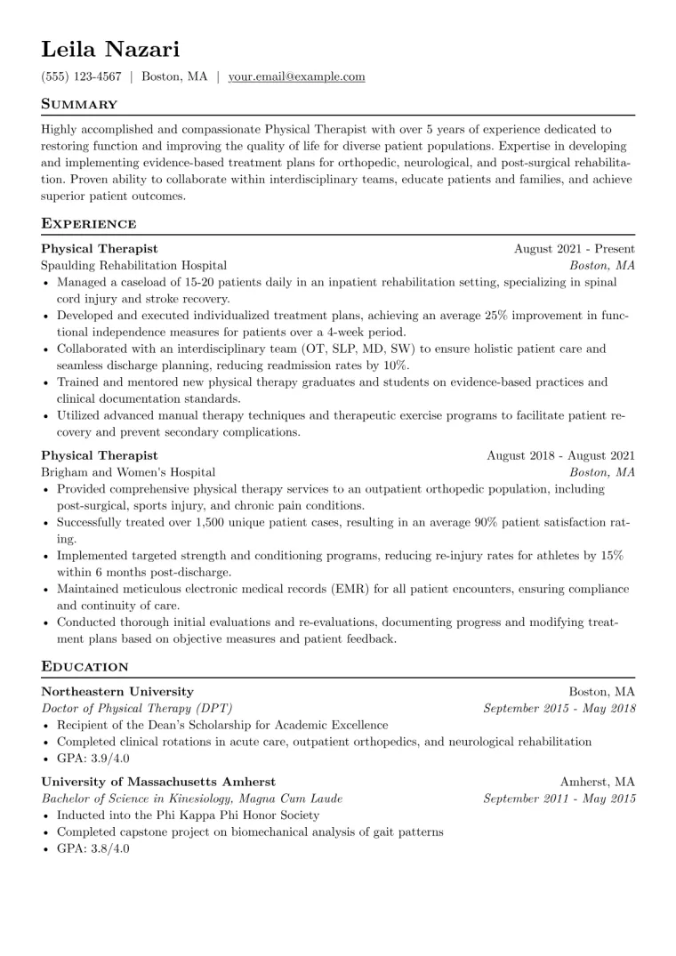 Physical Therapy Resume Example CV template preview