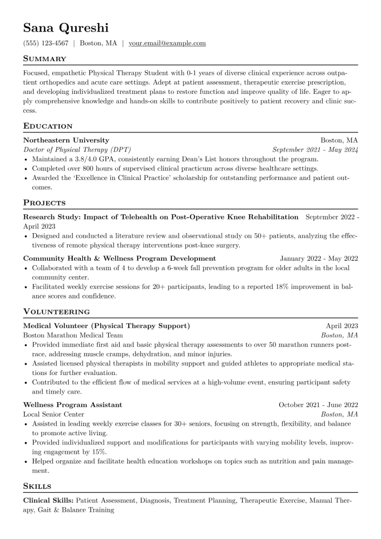 Physical Therapy Student Resume Example CV template preview